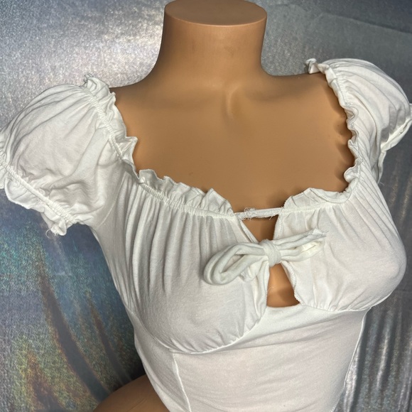 Fashion nova top milk maid ruffle frill bow tie sexy cute puff shoulder cottage - Picture 4 of 8